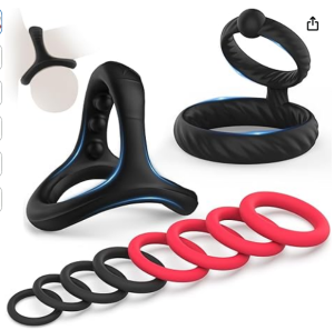 a variety of cock rings. Most are just rings but two are more complicated.